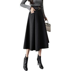 Versatile Black Wool Midi Skirt for Women - Pleated, High Waisted, Size Small